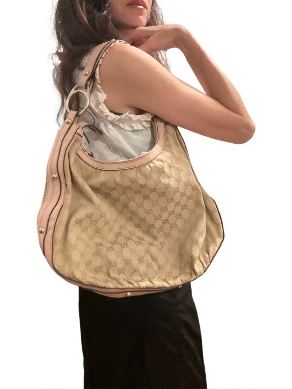 Gucci Beige GG Canvas Hobo with Light Pink Trim